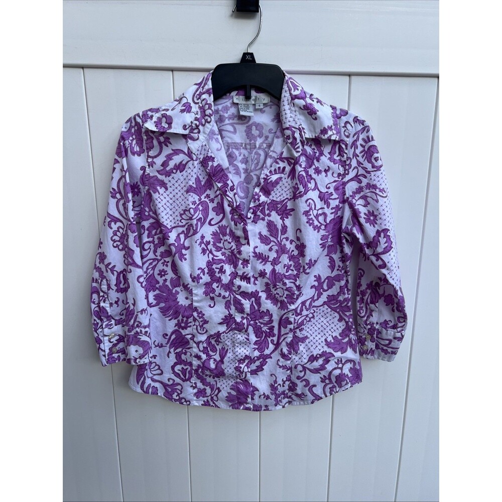 Ninety Womens Small Purple Floral Button Up 3/4 Sleeve Career Spread Collar